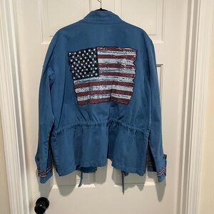 Patriotic Blue Utility Jacket with Embroidered Patch & Drawstring Waist & Flag